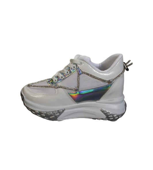 YAZKIŞ Kadın Siyah Beyaz Üzeri Taş Detaylı Paraşüt Kumaş 5cm Kalın Comfort Taban Fashıon Spor Ayakka - Resim 8