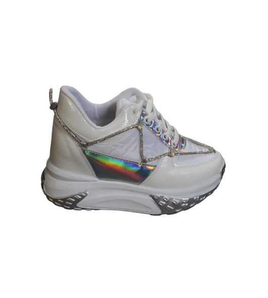 YAZKIŞ Kadın Siyah Beyaz Üzeri Taş Detaylı Paraşüt Kumaş 5cm Kalın Comfort Taban Fashıon Spor Ayakka - Resim 6