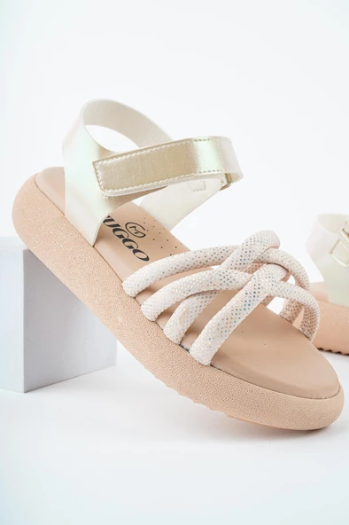 Muggo JAZZ  Garantili Günlük Ortopedik Hafif Taban Örgü Detaylı Cırtlı Kız Çocuk Sandalet - 3