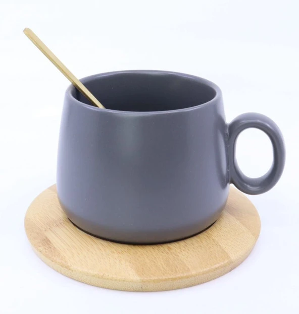 Bambu Tabaklı Seramik Kupa - Gri