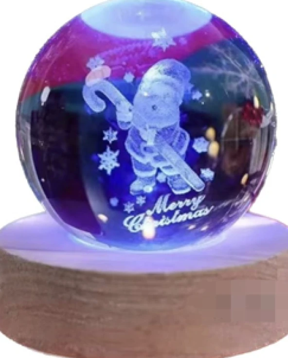 Dekoratif Noel Tasarımlı Ahşap altlıklı Işıklı Cam Küre Büyük Boy8cm