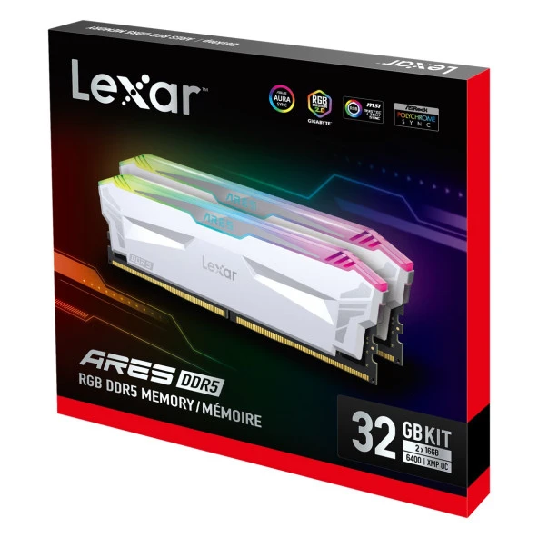 LEXAR LD5EU016G-R6400GDWA ARES RAM DT GAMING DDR5 UDIMM 2X16GB 6400 CL32 1.4V MEMORY WITH HEATSINK AND RGB LIGHTING DUAL PACK WHITE COLOR