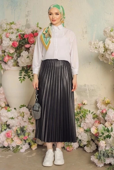 Zarif Ve Modern Pileli Parlak Krep Gizli Lastikli Siyah Etek - 8