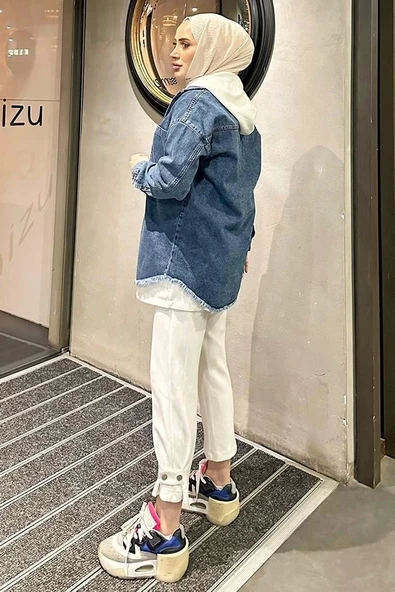 Koyu Mavi Kar Yıkama Püskül Detay Kot Ceket Oversize - 2