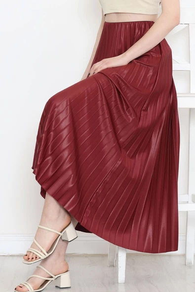 Zarif Ve Modern Pileli Parlak Krep Gizli Lastikli Bordo Etek - 3