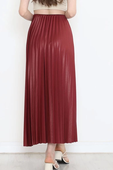 Zarif Ve Modern Pileli Parlak Krep Gizli Lastikli Bordo Etek - 7