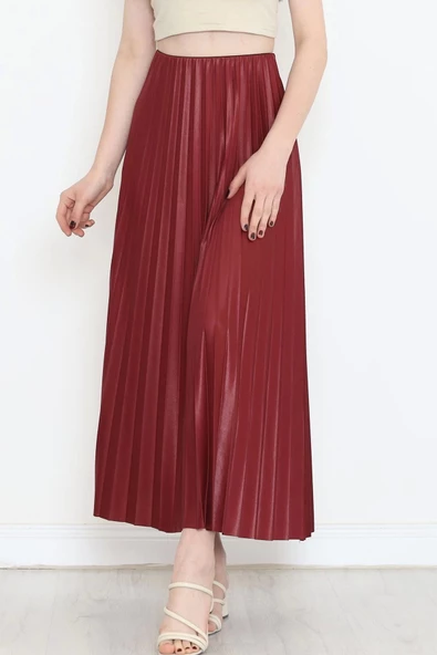 Zarif Ve Modern Pileli Parlak Krep Gizli Lastikli Bordo Etek - 4