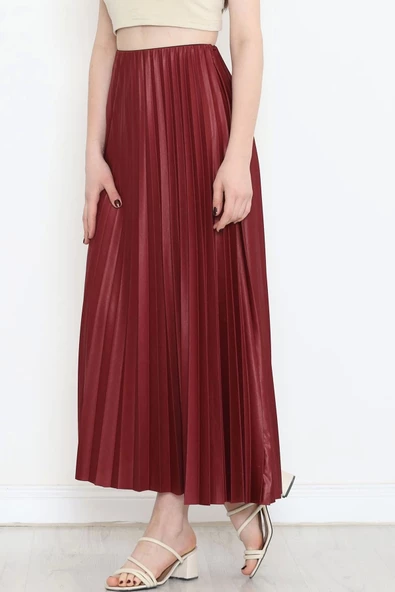 Zarif Ve Modern Pileli Parlak Krep Gizli Lastikli Bordo Etek - 6
