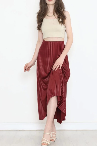 Zarif Ve Modern Pileli Parlak Krep Gizli Lastikli Bordo Etek - 5