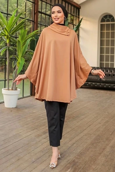 Düğme Detaylı Şık Tasarımlı Bej Şal Yaka Panço - 3