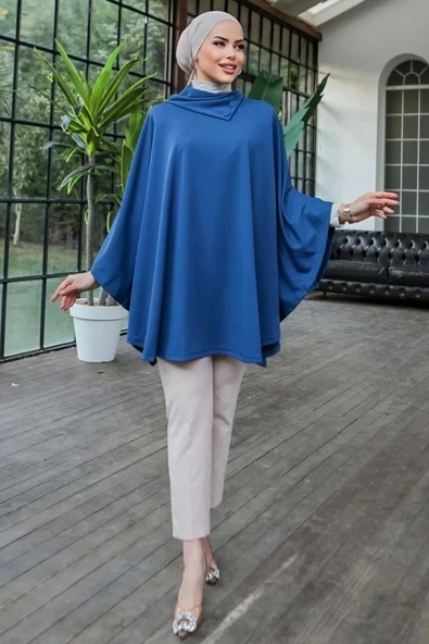 Düğme Detaylı Şık Tasarımlı Mavi Şal Yaka Panço - 4