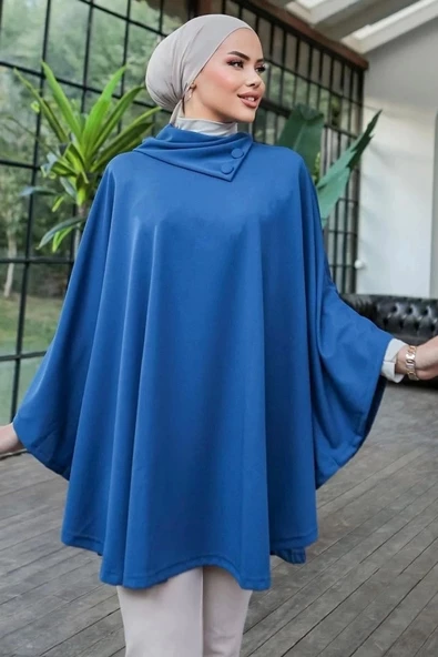 Düğme Detaylı Şık Tasarımlı Mavi Şal Yaka Panço - 3