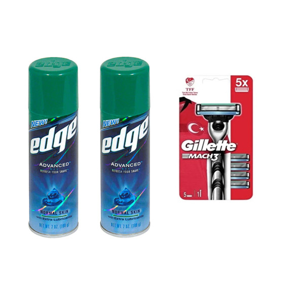Edge Tıraş Jeli Normal Ciltler İçin 2x198 gr + Gillette Mach3 Tıraş Makinesi +5 Yedek Tıraş Bıçağı - 1