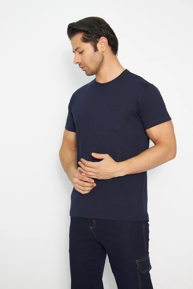 T-shirt Bisiklet Yaka Kısakol %100 Pamuk Cepli Lacivert - Resim 4