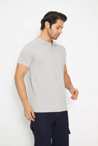 T-shirt Polo Yaka Kısakol %100 Pamuk Cepli Gri - 4
