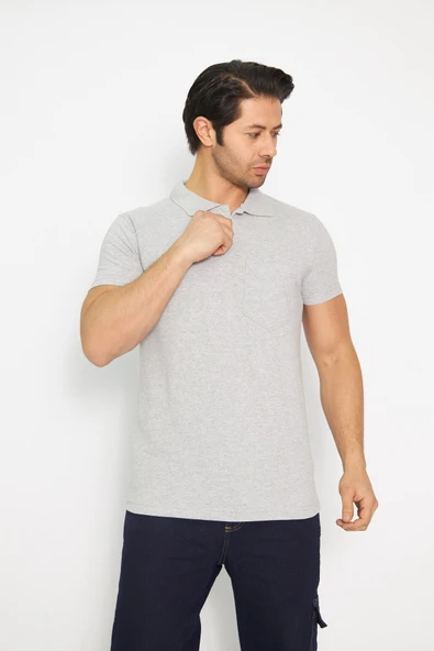 T-shirt Polo Yaka Kısakol %100 Pamuk Cepli Gri