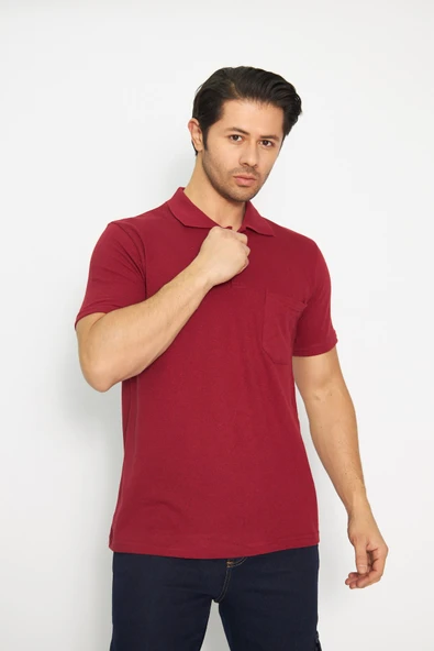T-shirt Polo Yaka Kısakol %100 Pamuk Cepli Bordo - 4