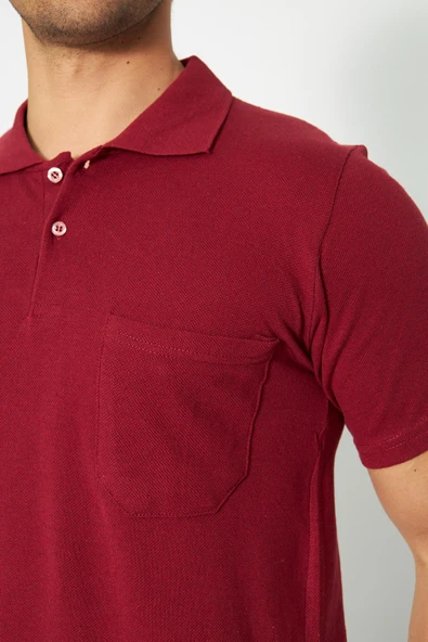 T-shirt Polo Yaka Kısakol %100 Pamuk Cepli Bordo - 6