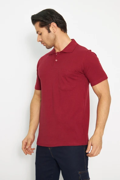 T-shirt Polo Yaka Kısakol %100 Pamuk Cepli Bordo - 3