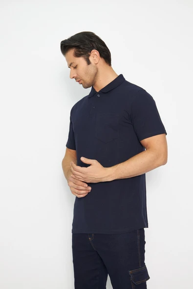 T-shirt Polo Yaka Kısakol %100 Pamuk Cepli Lacivert - Resim 4