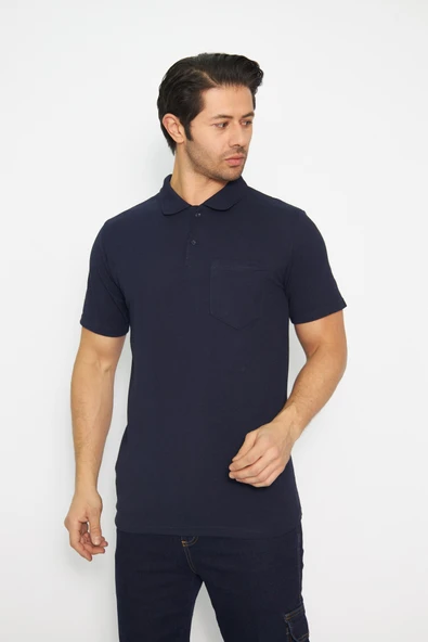 T-shirt Polo Yaka Kısakol %100 Pamuk Cepli Lacivert