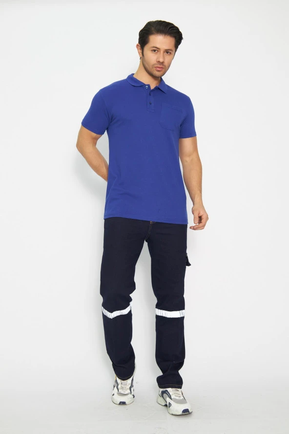 T-shirt Polo Yaka Kısakol %100 Pamuk Cepli Sax Mavi - Resim 3