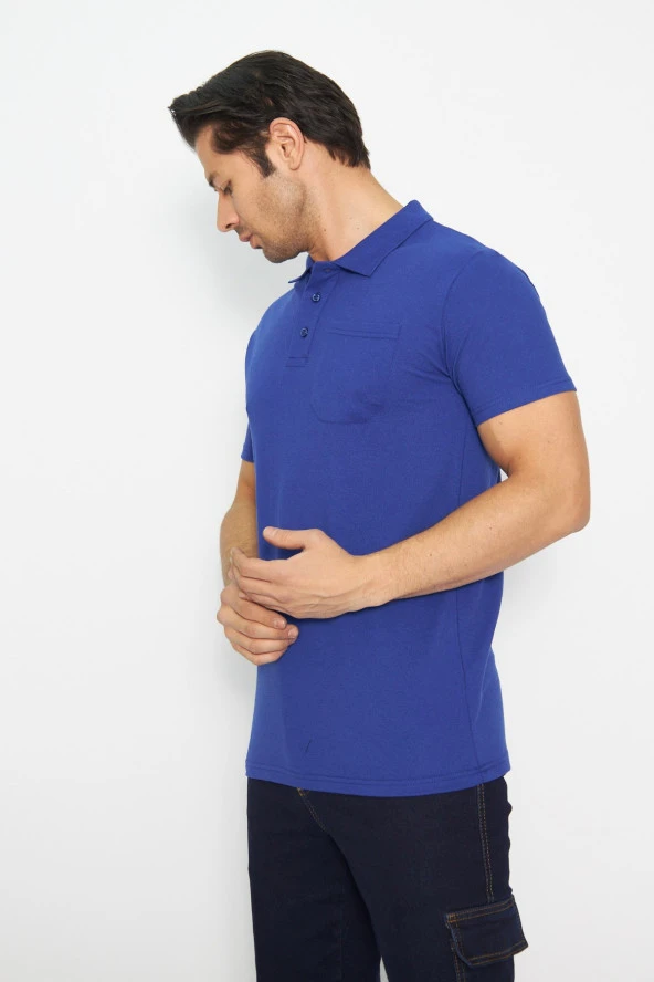 T-shirt Polo Yaka Kısakol %100 Pamuk Cepli Sax Mavi - Resim 5