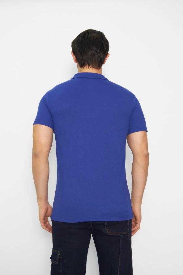 T-shirt Polo Yaka Kısakol %100 Pamuk Cepli Sax Mavi - Resim 6