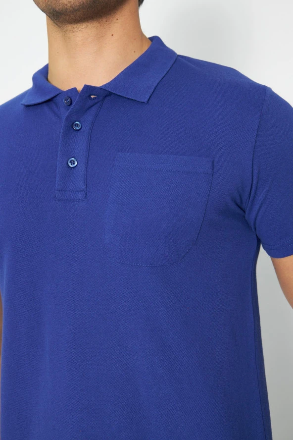 T-shirt Polo Yaka Kısakol %100 Pamuk Cepli Sax Mavi - Resim 7
