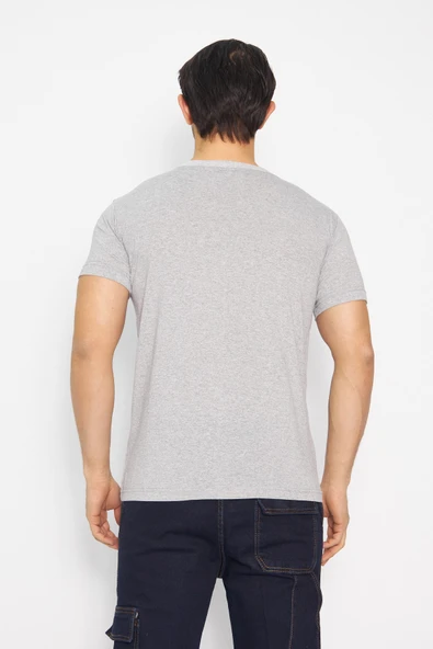 T-shirt V Yaka Kısakol %100 Pamuk Cepli Gri - Resim 5