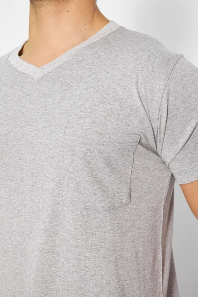 T-shirt V Yaka Kısakol %100 Pamuk Cepli Gri - Resim 6