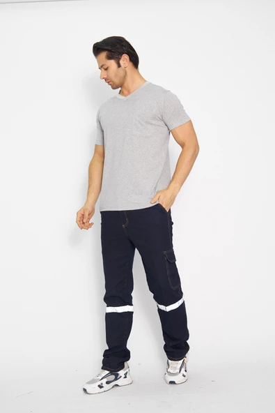 T-shirt V Yaka Kısakol %100 Pamuk Cepli Gri - Resim 2