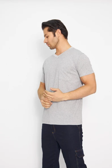 T-shirt V Yaka Kısakol %100 Pamuk Cepli Gri - Resim 3