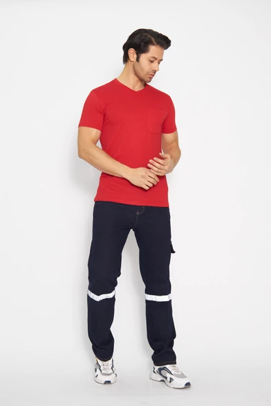 T-shirt V Yaka Kısakol %100 Pamuk Cepli Kırmızı - Resim 2