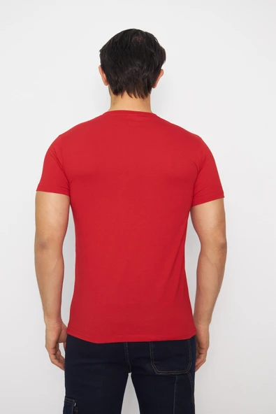 T-shirt V Yaka Kısakol %100 Pamuk Cepli Kırmızı - Resim 6