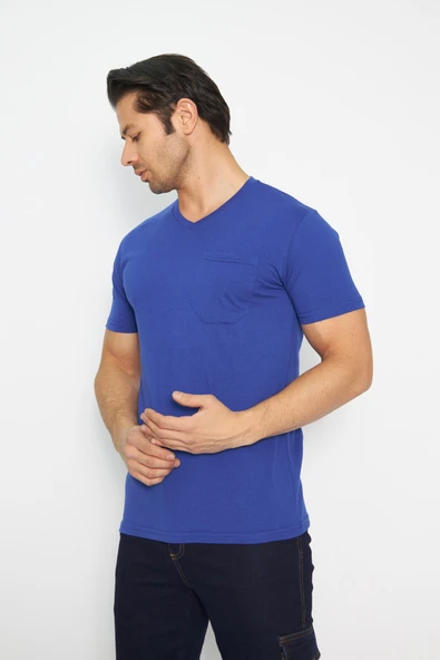 T-shirt V Yaka Kısakol %100 Pamuk Cepli Sax Mavi - 4