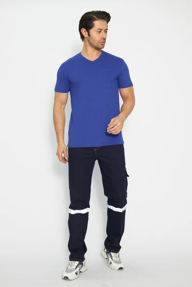 T-shirt V Yaka Kısakol %100 Pamuk Cepli Sax Mavi - 2