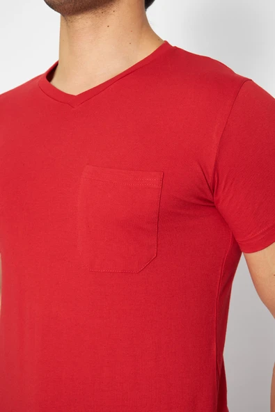 T-shirt V Yaka Kısakol %100 Pamuk Cepli Kırmızı - Resim 7