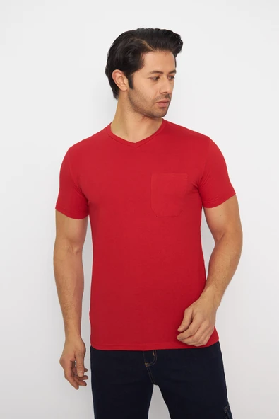T-shirt V Yaka Kısakol %100 Pamuk Cepli Kırmızı