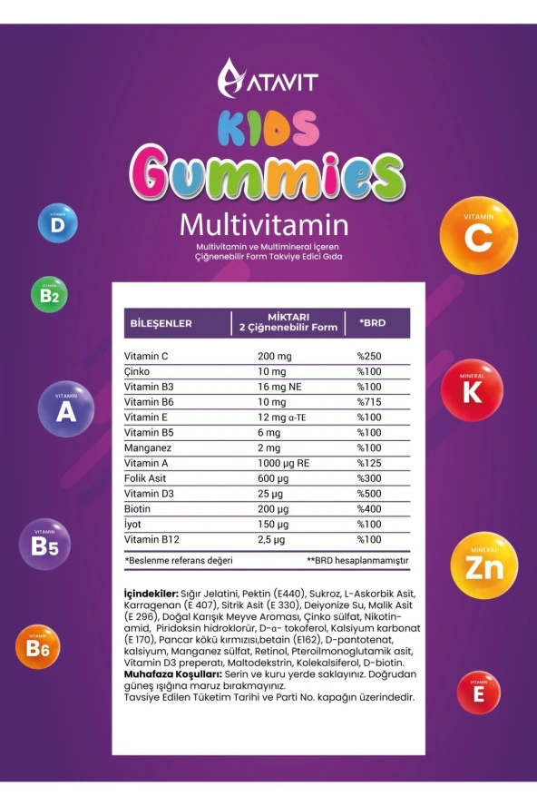 ATAVİT Multivitamin A,C,E,D3,B3.B5.B6.B12.Biotin,İyot Gummıes Kids