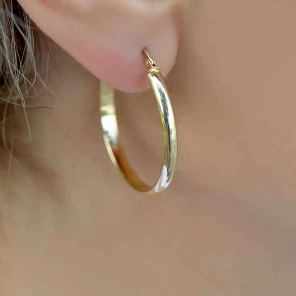 Sade Altın Halka Küpe 14 Ayar - Resim 2