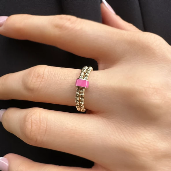 14k Altın Dorika Toplu Pembe Mine Yüzük