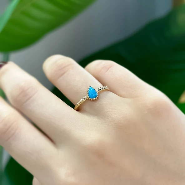 14k Altın Mavi Damla Taşlı Yüzük - Resim 2