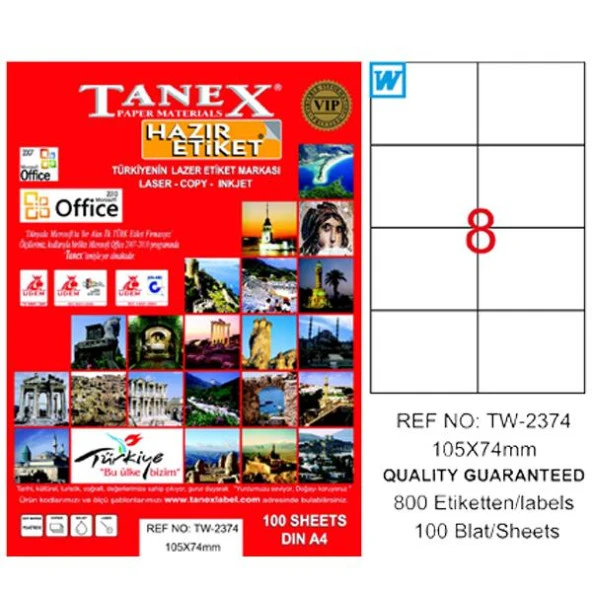Tanex Laser Etiket 100 YP 105x74.25 Laser-Copy-Inkjet TW-2374 ürün görseli