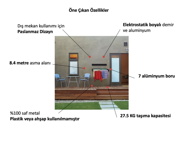 AYZ Belize Çamaşır Kurutma Askısı - Duvara Monte Kurutmalık - 120 cm - 6