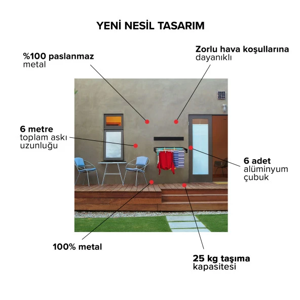 AYZ Belize Çamaşır Kurutma Askısı - Duvara Monte Kurutmalık - 100 cm - 6