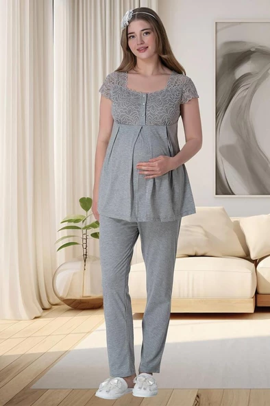 Mecit 6066 Bayan Hamile Lohusa Gri Sabahlık Gecelik Pijama Seti - 4
