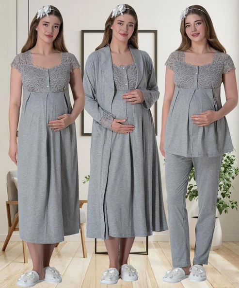 Mecit 6066 Bayan Hamile Lohusa Gri Sabahlık Gecelik Pijama Seti