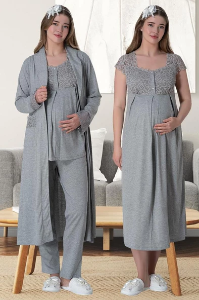 Mecit 6066 Bayan Hamile Lohusa Gri Sabahlık Gecelik Pijama Seti - 5