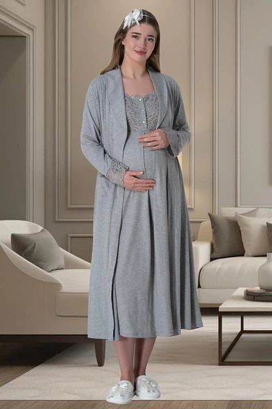 Mecit 6066 Bayan Hamile Lohusa Gri Sabahlık Gecelik Pijama Seti - 2